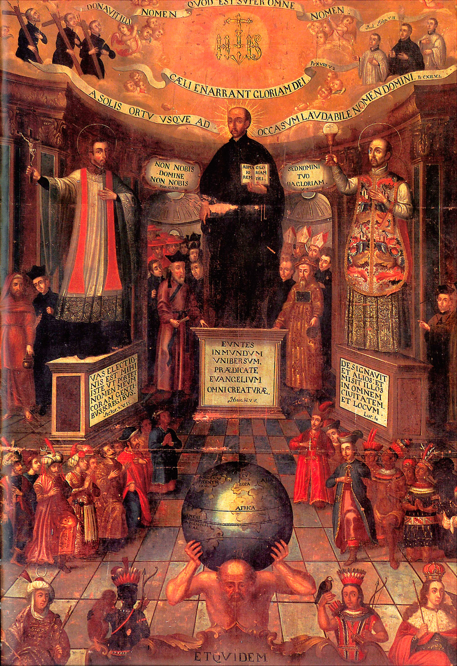„Alegoria de la Compania de Jesus y su labor missional en lós cuatro continentes“, iglesia de San Pedro, Lima, Peru. Anon., Alegory