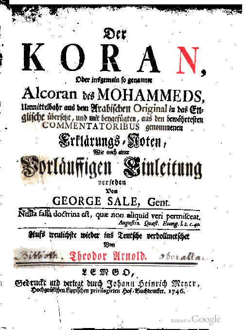 George Sale: Der Koran..... Lemgo 1746