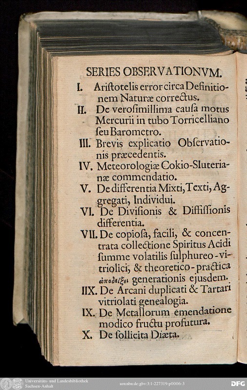 Inhaltsverzeichnis der „Observatiorum chymico-physico-medicarum curiosarum“ herausgegeben von Georg Ernst Stahl, Halle und Francofurti 1698.