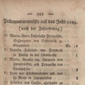Pränumerantenliste auf das Jahr 1785 des „Damenjournal zum Besten des Roseninstituts“, Halle 1785.