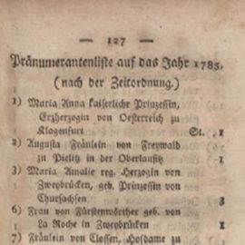 Pränumerantenliste auf das Jahr 1785 des „Damenjournal zum Besten des Roseninstituts“, Halle 1785.