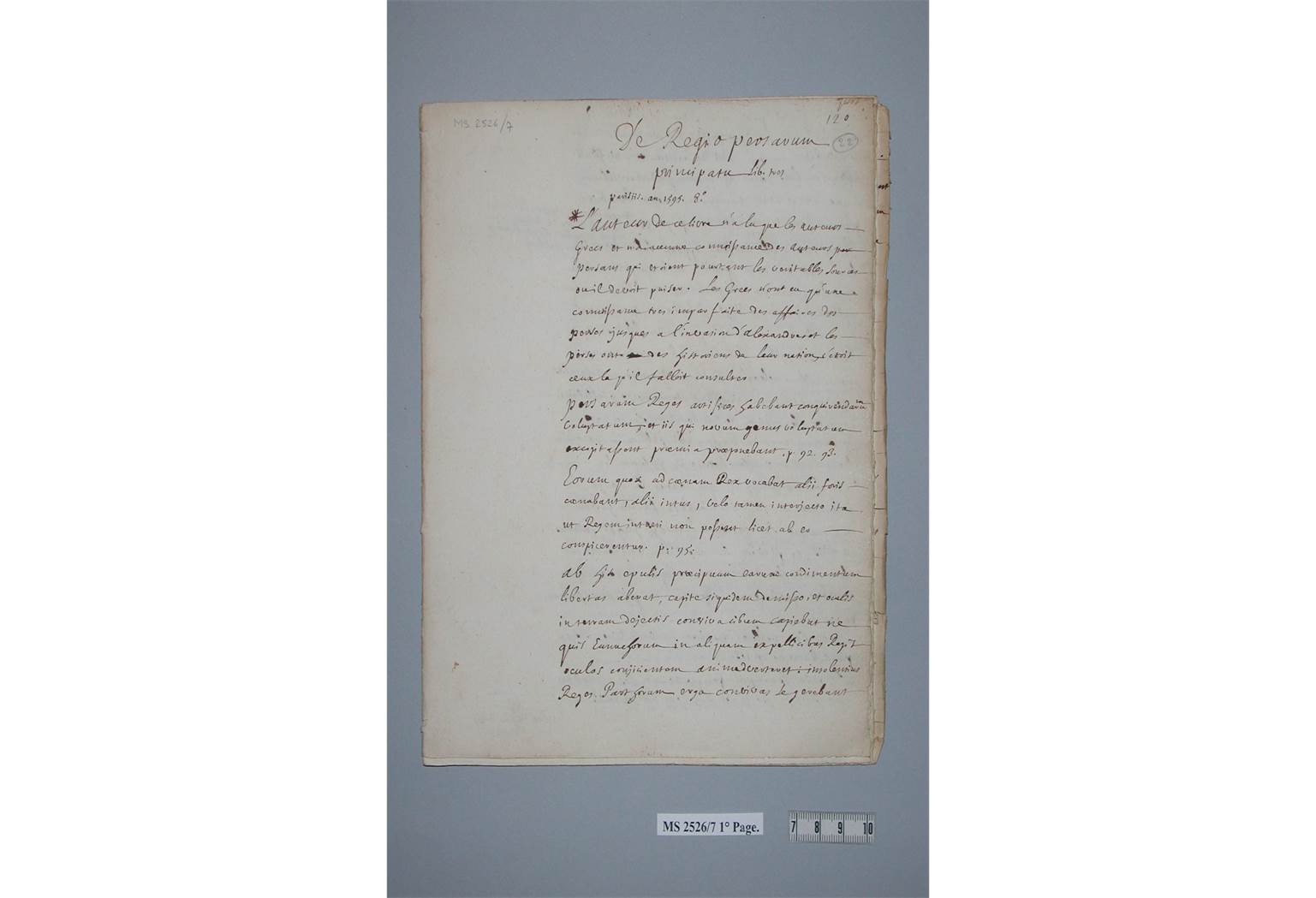 Beginn von Exzerpten aus der Schrift „De Regio Persarum principatu“ (1595) von Barnabé Brisson. Auch Aufklärer wie hier Montes